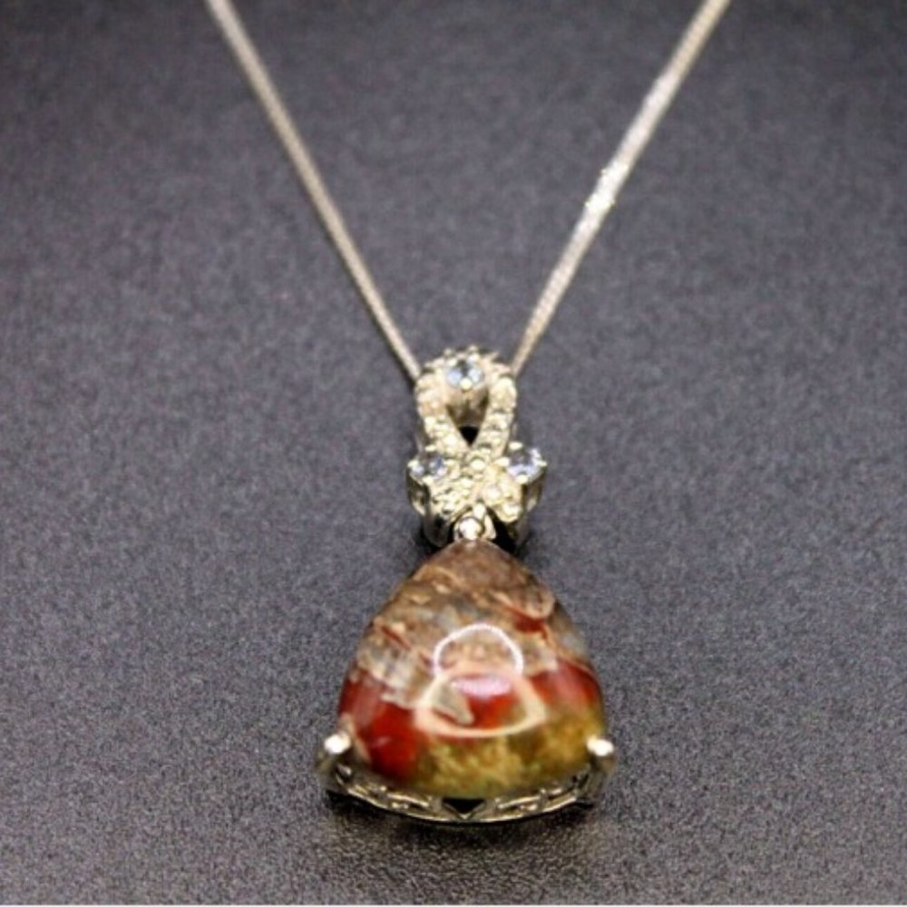 Vintage 925 Sterling Silver Jasper Blue Crystal Accent Filigree Pendant Necklace